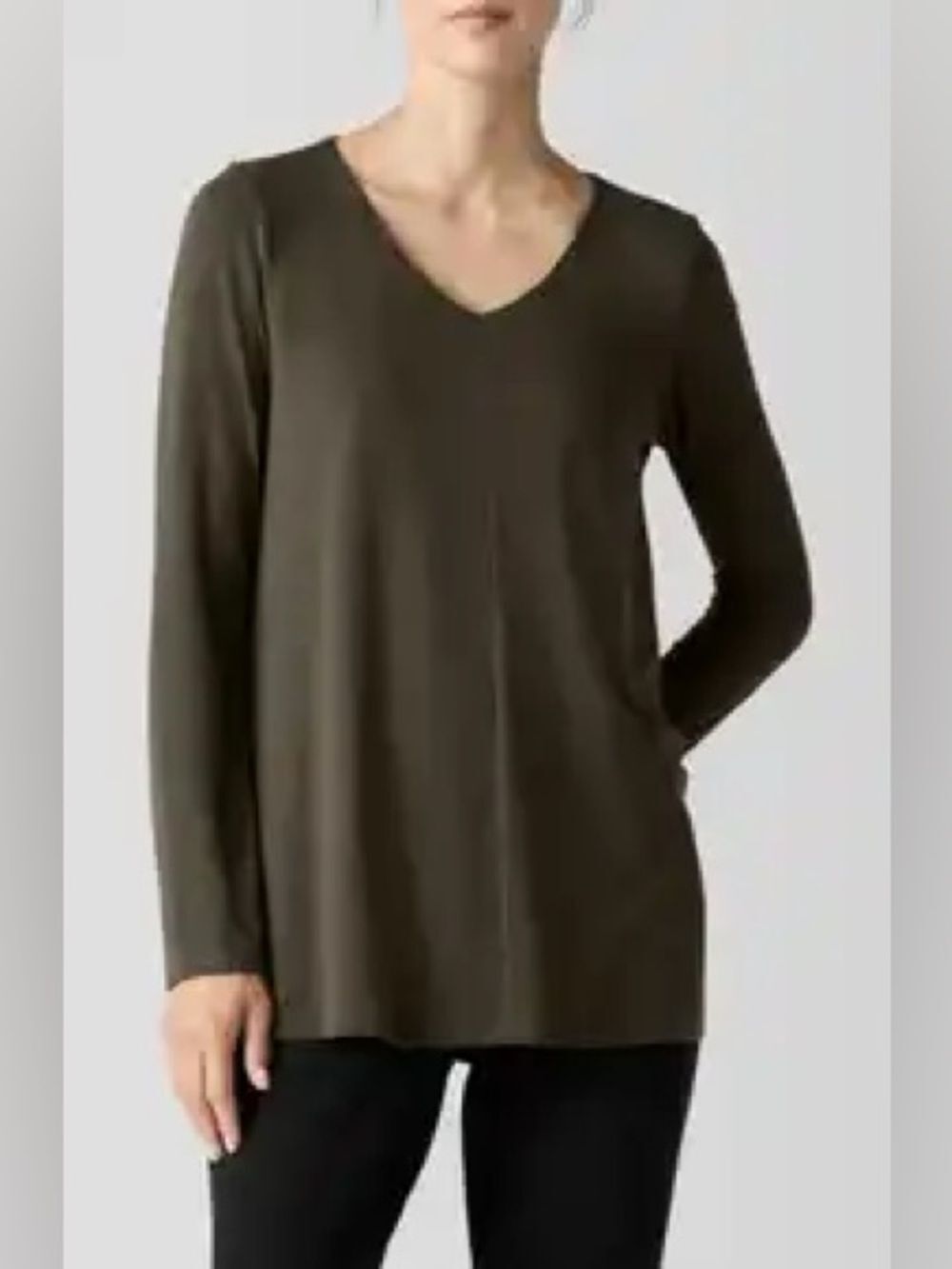 Eileen Fisher Army Green V Neck Long Sleeve Blouse Top Basic Sz L